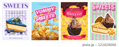 Sweets cover typography template for advertising design. Food posters and greeting cards with cakes, cheesecakes, croissants, chocolate cupcakes and other confectionery desserts. Vector illustration. Sweets cover typography template for advertising design. Food posters and greeting cards with cakes, cheesecakes, croissants, chocolate cupcakes and other confectionery desserts. Vector illustration. 122828088