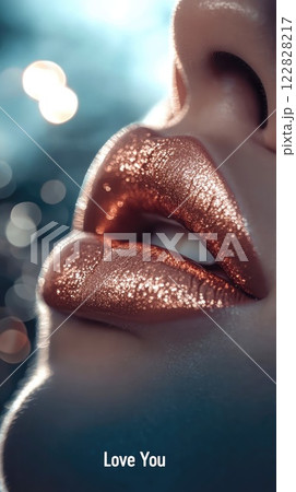 I love you text and red kissing lips close up 122828217