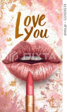 I love you text and red kissing lips close up 122828218