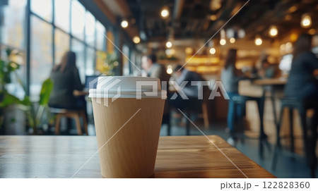 white coffee cup on wood table in cafe 122828360