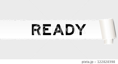 Ripped gray paper background that have word ready under torn part 122828398