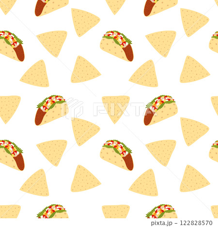 Meat filled Taco and Triangular Nacho Seamless Pattern. Traditional Mexican Food background concept 122828570