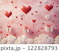 paper art of red hearts hanging on a pink background 122828793