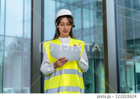 Young female caucasian in a yellow vest and a hard cap 122828824