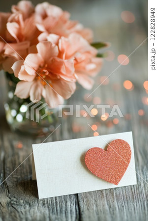 Beautiful bouquet of flowers and love letter greeting card with red heart, Mother's Day, Valentine's day, concept 122828949