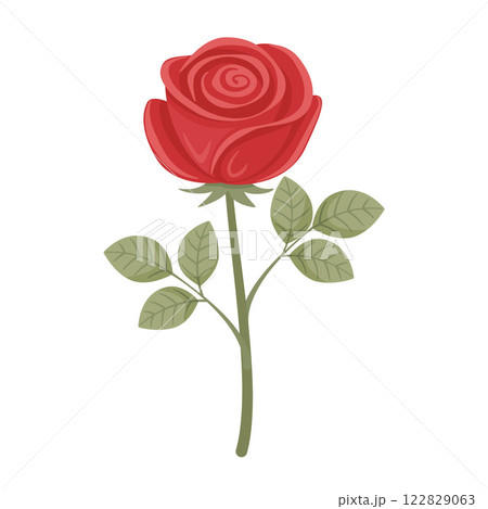 Red Rose Flower with leaves. Hand drawn Trendy flat style isolated icon. Valentine Day Red Rose Flower with leaves. Hand drawn Trendy flat style isolated icon. Valentine Day 122829063