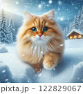 雪の中を歩く猫 122829067
