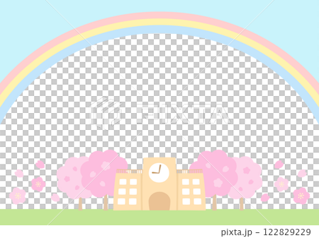 Background material with a rainbow, blue sky, cherry blossoms and school Illustration of entrance ceremony or graduation ceremony Background material with a rainbow, blue sky, cherry blossoms and school Illustration of entrance ceremony or graduation ceremony 122829229