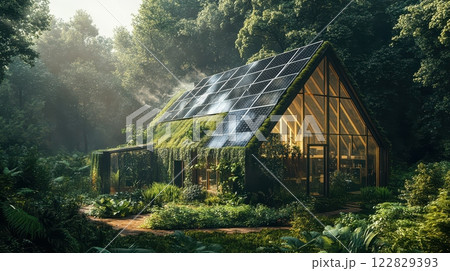 Eco-Friendly House with Solar Panels in a Lush Green Forest Eco-Friendly House with Solar Panels in a Lush Green Forest 122829393