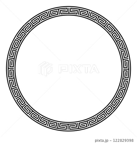Chinese meander pattern, large circle frame. Decorative round border with disconnected and direction changing meanderings, a repeated motif, similar to Greek key pattern. Isolated illustration. Vector Chinese meander pattern, large circle frame. Decorative round border with disconnected and direction changing meanderings, a repeated motif, similar to Greek key pattern. Isolated illustration. Vector 122829398