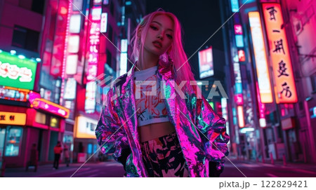 Neon Fashion on a Vibrant Tokyo Street at Night 122829421