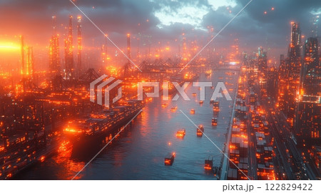Industrial Night Port with Illuminated Cranes and Reflections 122829422