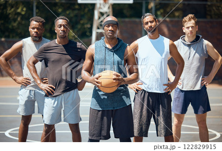 Portrait of a sports basketball team training for a game on an outdoor professional court. Workout, athletes and healthy group of men preparing with exercise and fitness for match on a playing field. 122829915
