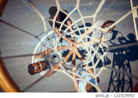 Basketball, teamwork and sport with a team of basket ball players with their hands in a huddle on a court outside. Collaboration, motivation and fitness with sports people training for health 122829992