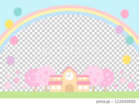 虹と青空と桜と学校の背景素材　入学式や卒業式のイラスト03 122830088