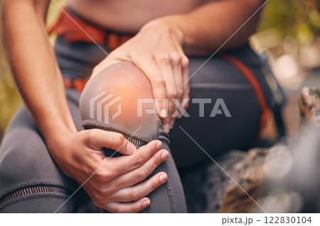 Knee, pain and injury with a hiker suffering with a painful leg getting hurt while trekking or exercise training. Cgi, special effects and overlay with the hands of female hiking outside in nature 122830104