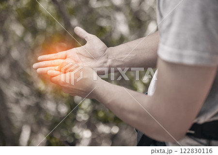 Man, hand and pain with abstract injury in wellness sports exercise, training and health workout. Fitness stress, burnout or medical emergency or accident for athlete with muscle anatomy inflammation Man, hand and pain with abstract injury in wellness sports exercise, training and health workout. Fitness stress, burnout or medical emergency or accident for athlete with muscle anatomy inflammation 122830116