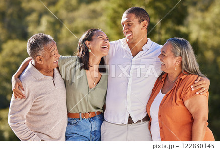 Family, elderly parents and together in nature to bond in outdoor landscape with happy people. Care, love and support in positive relationship with relatives enjoying time with each other. 122830145