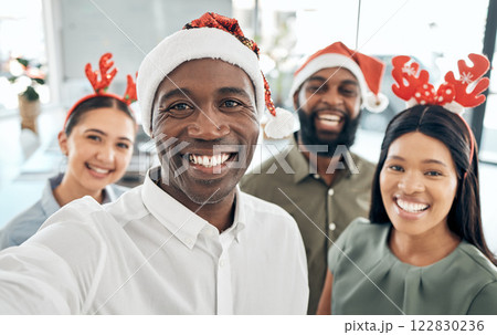 Office team selfie, Christmas party and celebration with a smile. Diversity, hard workers and happy business people celebrating together after success, good finance or financial year at the company. 122830236