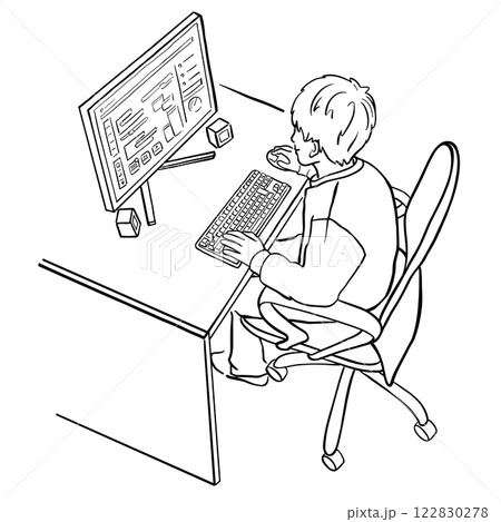 パソコンで作業をしている男性　イラスト　1色 122830278