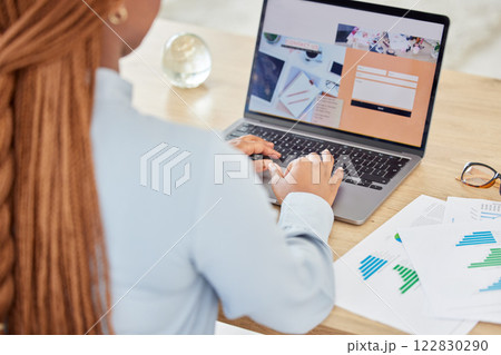 Black woman, laptop and contact us web design for digital marketing worker with kpi data, target audience research and chart documents. Employee on business startup website with seo from survey paper Black woman, laptop and contact us web design for digital marketing worker with kpi data, target audience research and chart documents. Employee on business startup website with seo from survey paper 122830290
