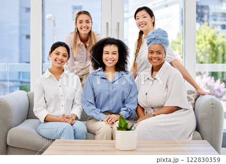 Diversity, teamwork and success with business women on sofa together in office building. Vision, collaboration and team building portrait of happy group of people for mission, community and support 122830359