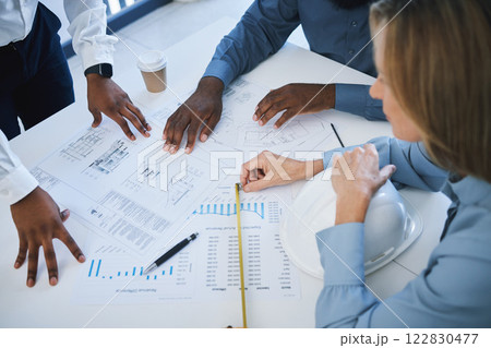 Collaboration, planning and hands of architect with blueprint documents working on house, home or shopping mall building design. Teamwork, architecture and construction strategy meeting for team plan 122830477