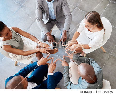 Star hand, teamwork and collaboration of business people for mission, goal or success from above. Corporate team, diversity or group support, trust or motivation in solidarity, unity or union. 122830520