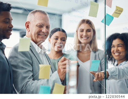 Business people planning with sticky note in meeting, writing advertising strategy on glass board and team collaboration for creative idea at work. Marketing workers working on design partnership Business people planning with sticky note in meeting, writing advertising strategy on glass board and team collaboration for creative idea at work. Marketing workers working on design partnership 122830544