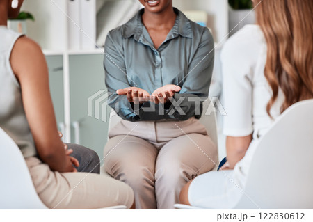 Support group, therapy and help from business woman, counselor or therapist coach in counseling meeting. Palm of psychologist hands, safety and team trust circle workshop for open group communication 122830612
