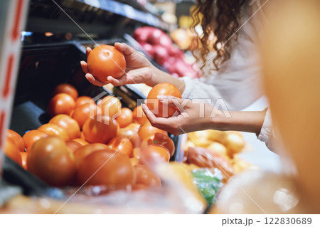 Grocery food shopping, vegetables market and healthy customer choice in organic supermarket store. Quality nutrition diet lifestyle, fresh fruit produce sale and groceries inflation price increase 122830689