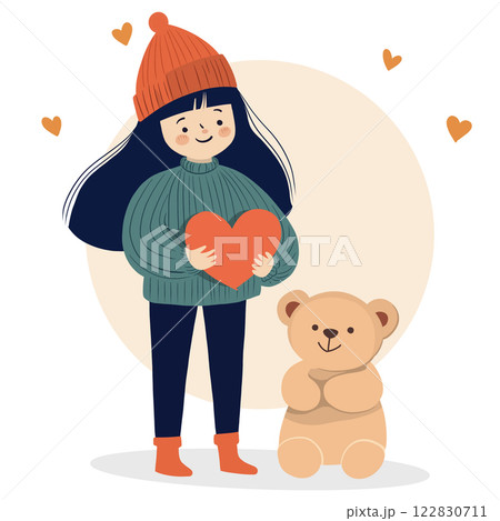 Smiling Girl with Heart and Teddy Bear Smiling Girl with Heart and Teddy Bear 122830711