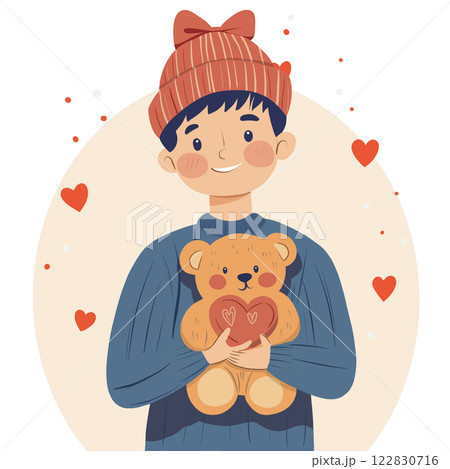 Boy Holding Teddy Bear with Heart and Smiling Boy Holding Teddy Bear with Heart and Smiling 122830716