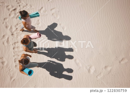 Exercise, yoga and training in nature with women friends exercising at beach from above. Active, athletic group prepare for health lesson on sand mockup, practice balance and cardio or energy workout 122830759