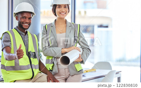 Collaboration, teamwork and thumbs up by construction workers planning and discussing blueprint of a building. Success with partner sharing goal and strategy, industry innovation engineering 122830810