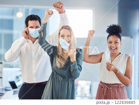 Business people, covid or taking off face mask in teamwork success after lockdown or global pandemic disease. Compliance portrait of happy, cheering or office diversity celebration for man and women Business people, covid or taking off face mask in teamwork success after lockdown or global pandemic disease. Compliance portrait of happy, cheering or office diversity celebration for man and women 122830885