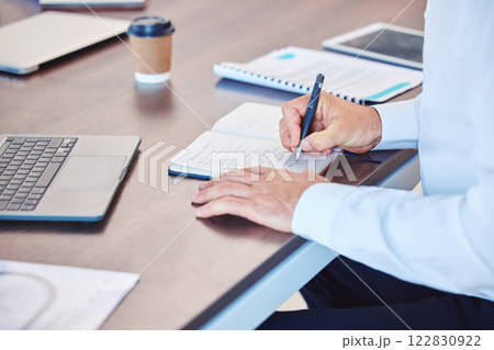 Writing, notebook and planning with a business man working at his desk in the office and taking notes. Strategy, schedule and diary with a male employee using his personal planner for an appointment 122830922