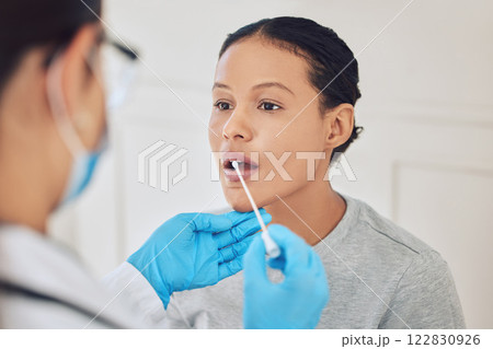 Female patient, healthcare and covid test using swab in mouth to collect specimen at testing center. Medical professional or doctor with gloves for hygiene while working with coronavirus in hospital Female patient, healthcare and covid test using swab in mouth to collect specimen at testing center. Medical professional or doctor with gloves for hygiene while working with coronavirus in hospital 122830926