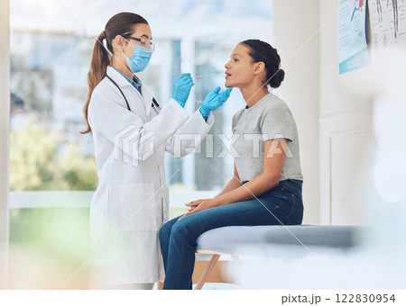 Covid, mask woman and patient mouth test with medical doctor specialist at consulting facility. Healthcare worker doing virus swab examination for person with coronavirus sickness symptoms. 122830954