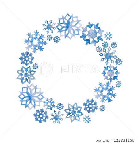 Round frame of blue snowflakes, wreath. Hand drawn watercolor illustration on white. For greeting cards, invitations, winter Christmas banners, labels. 122831159