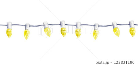 Garland of yellow bulbs, seamless horizontal border. Hand drawn watercolor illustration isolated on white. For cards, invitations, banners, labels, posters. 122831190