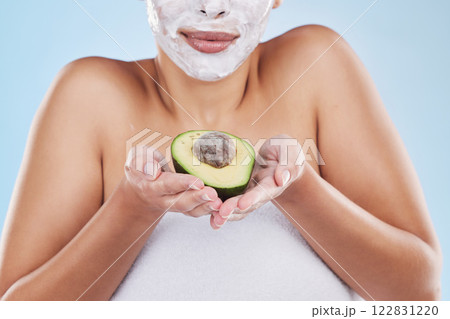 Hands, avocado and skincare face mask of a woman in beauty and cosmetic facial on a blue studio background. Female in health, skin and body care holding green fruit for nutrition, food or diet 122831220