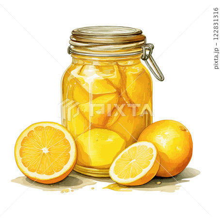 瓶漬けしたレモンの水彩風イラスト 生成AI 瓶漬けしたレモンの水彩風イラスト 生成AI 122831316