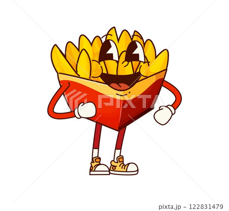 Fast food groovy fried potato cheerful character. Takeaway restaurant french fries 60s 70s cartoon character, cute funky isolated vector personage. Fast food cafe snack or meal funny groovy mascot 122831479