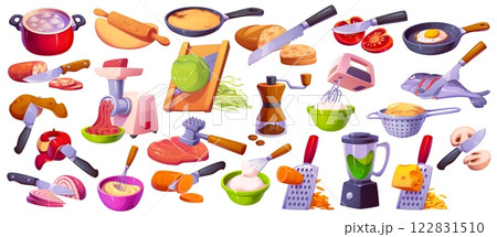 Cook food or cooking process and preparation tools, vector cartoon icons. Food processing utensils and cooking kitchenware icons of grater and meat grinder or mincer with blender, knife and colander 122831510