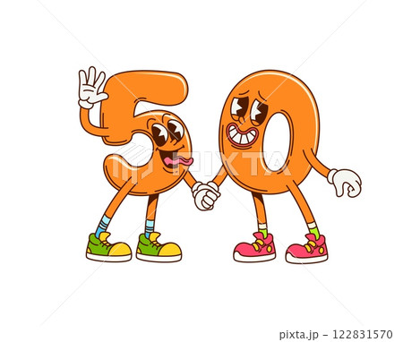 Groovy fifty math number characters. Kids education number retro happy mascot. Mathematics digit 60s 70s groovy isolated vector funny personage. School math numeric symbol vintage cartoon character 122831570