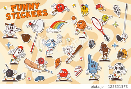 Cartoon groovy sport characters stickers pack with game player equipment and retro hippie symbols. Funny balls, rackets and bats, hippy rainbow, groovy smile and stars. Funny sport helmet and cap Cartoon groovy sport characters stickers pack with game player equipment and retro hippie symbols. Funny balls, rackets and bats, hippy rainbow, groovy smile and stars. Funny sport helmet and cap 122831578