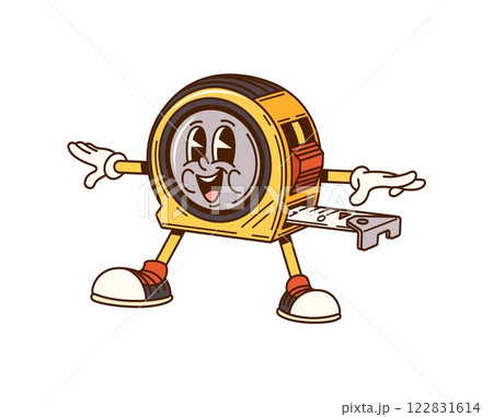 Groovy tape measure cartoon character for repair, construction and DIY tool, vector funny face. Groovy measuring tape with happy smile on silly face for carpentry and DIY cartoon work tool character Groovy tape measure cartoon character for repair, construction and DIY tool, vector funny face. Groovy measuring tape with happy smile on silly face for carpentry and DIY cartoon work tool character 122831614