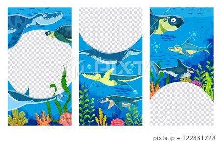 Kids dino party flyer templates with underwater dinosaur reptiles. Prehistoric extinct crocodile, shark and turtle vector background frames. Cartoon megalodon, kronosaurus and archelon dinosaurs 122831728
