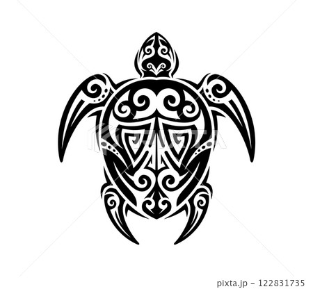 Maori tribal turtle animal tattoo from Polynesian or Hawaiian pattern ornament, vector art design. Abstract tribal tattoo of sea turtle with intricate sharp lines in Celtic or Maori tribal design Maori tribal turtle animal tattoo from Polynesian or Hawaiian pattern ornament, vector art design. Abstract tribal tattoo of sea turtle with intricate sharp lines in Celtic or Maori tribal design 122831735